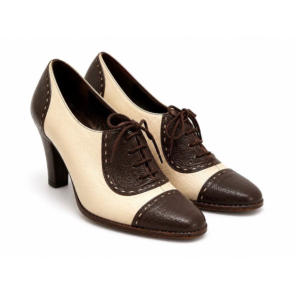 Vintage Salvatore Ferragamo Spectator Heels Brown Cream Oxford Brogue Pumps 10 B
